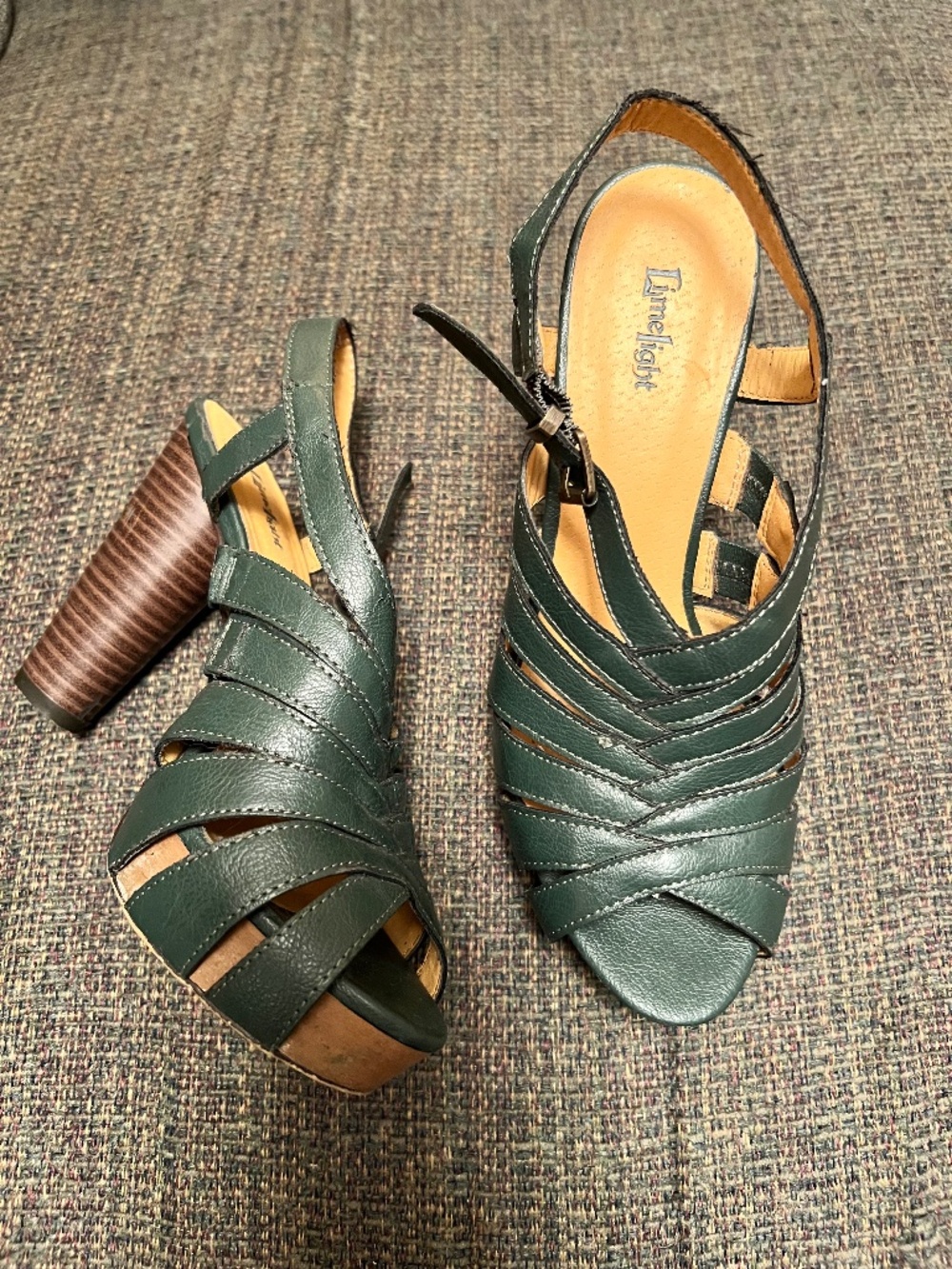 Green leather woven slingback peep toe 4 1/2 platform shoe